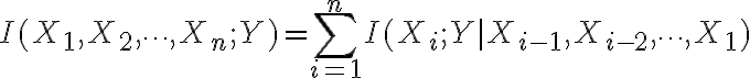 $I(X_1,X_2,\cdots,X_n;Y)=\sum_{i=1}^{n}I(X_i;Y|X_{i-1},X_{i-2},\cdots,X_1)$